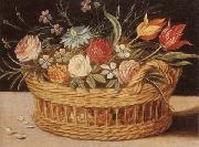 unknow artist Still life of roses,tulips,chyrsanthemums and cornflowers,in a wicker basket,upon a ledge Sweden oil painting artist